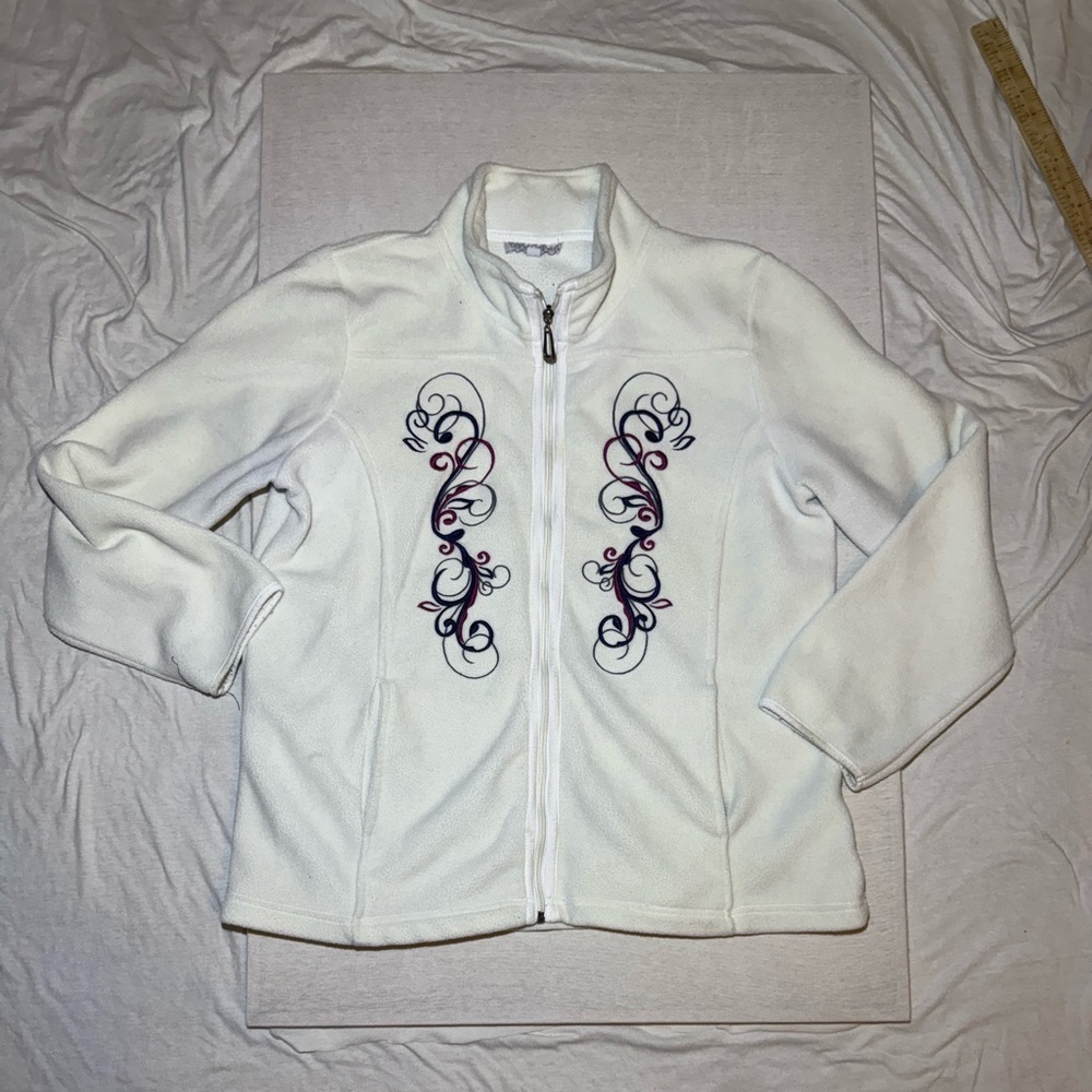 Women's White Fleece Jacket with Embroidery